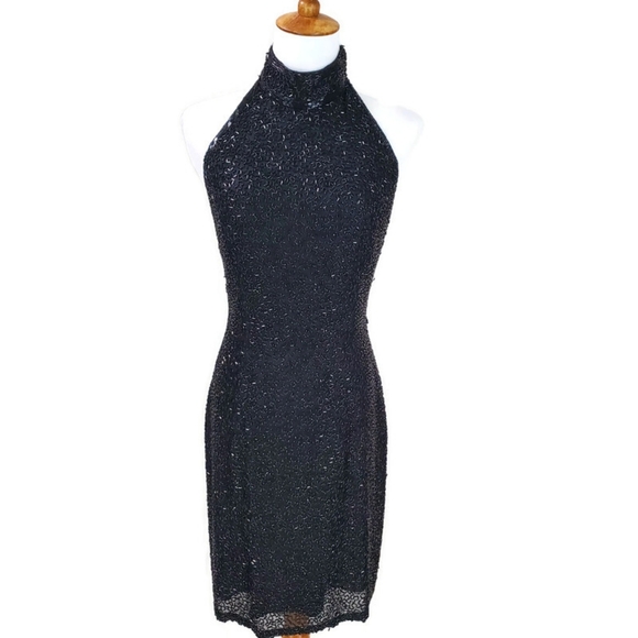 Vintage Cache Fully Beaded Silk Cocktail Party Prom Formal Black Tie Dress Sz 2 - Picture 1 of 15